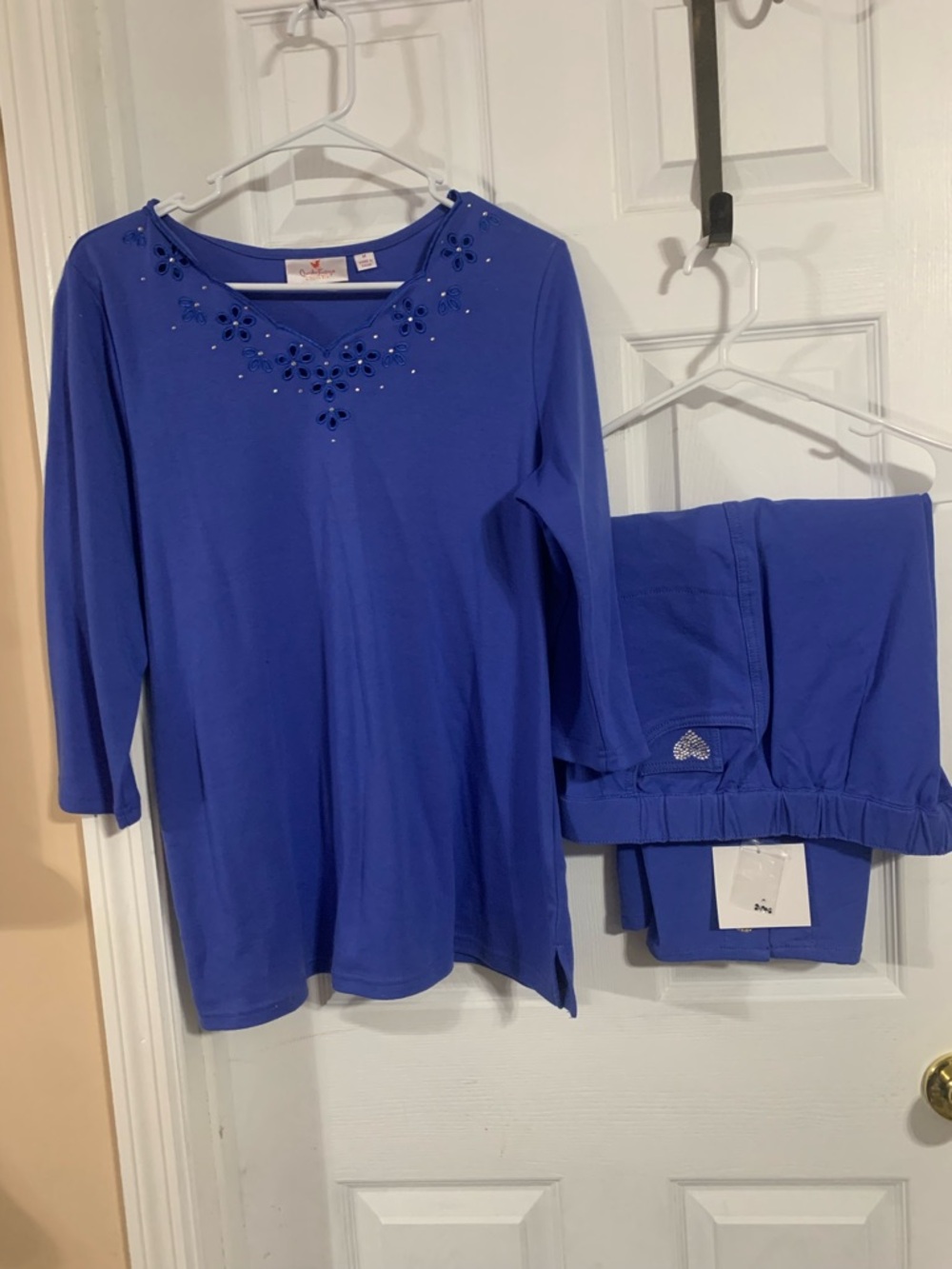 Quacker Factory Royal Blue Jeweled Floral Knit Top and Pants Set